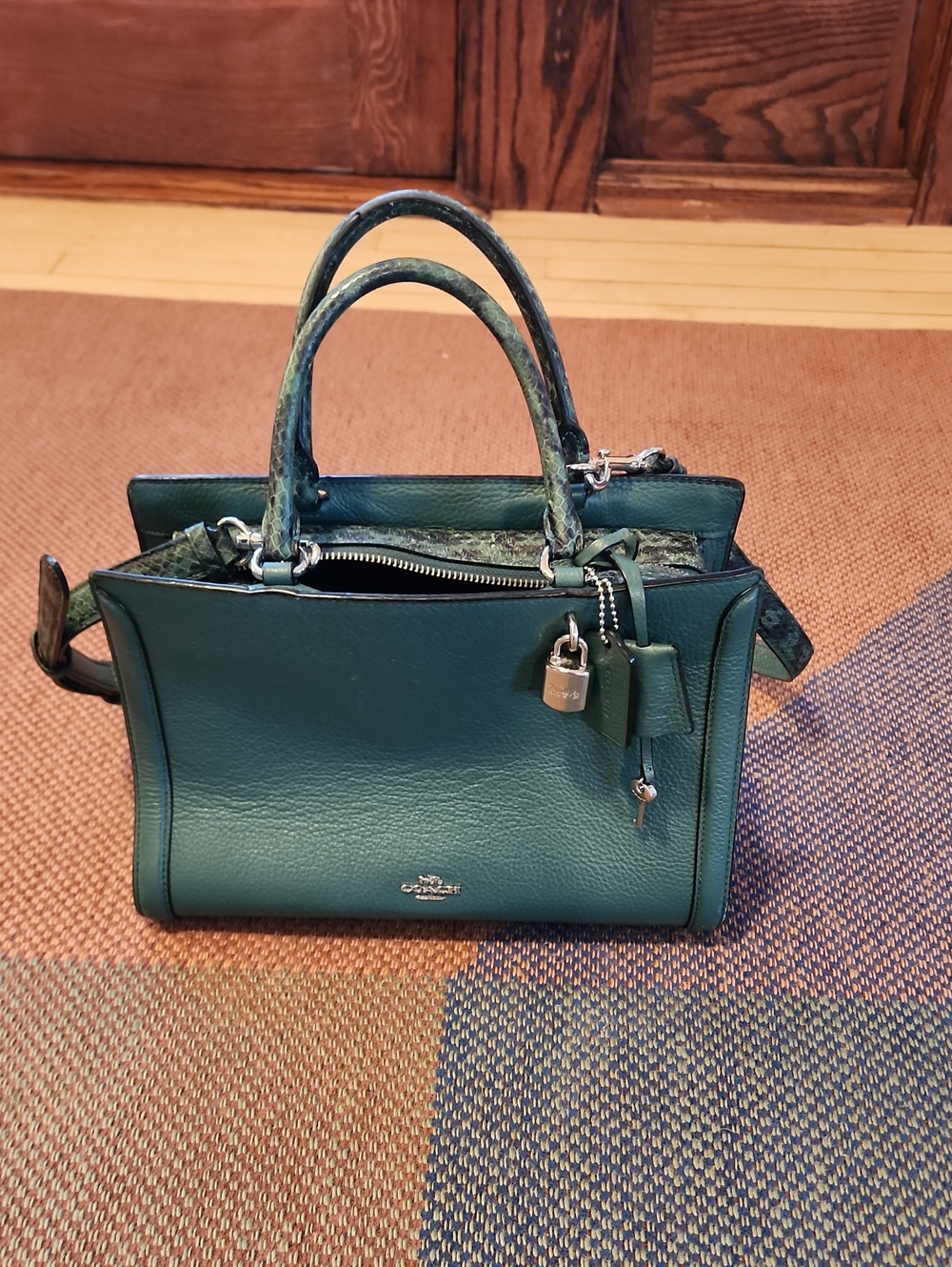 Coach Zoe Carryall 91026 Forest Green Pebble Leather Snake Embossed Satchel